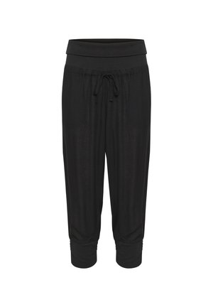 Pantaloni cropped neri realizzati in morbido tessuto. Presentano una vita alta con cordoncino, orli a costine e una vestibilità rilassata per il massimo comfort.