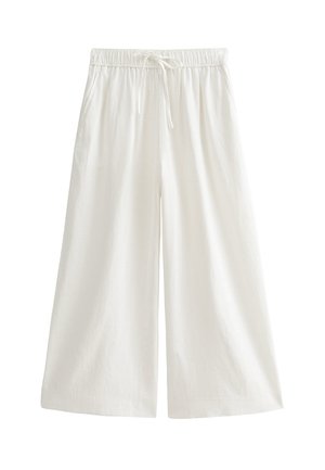 Pantalon blanc à jambes larges avec taille élastique et cordon de serrage, doté de poches latérales et d'une coupe décontractée.
