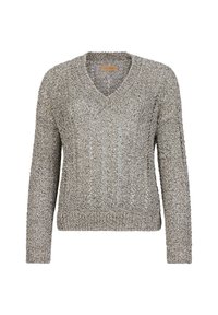 V-ringad tröja i ljusgrått stickat, med ett strukturerat mönster, långa ärmar och ribbade muddar och nederkant. Lappen synlig vid halsringningen.