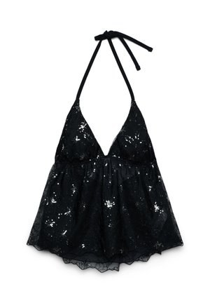 Top nero con scollo a halter e profondo scollo a V, vestibilità ampia e svolazzante, decorato con paillettes a motivo floreale e sovrapposizione in pizzo.