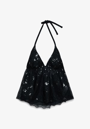 Top nero con scollo a halter e profondo scollo a V, vestibilità ampia e svolazzante, decorato con paillettes a motivo floreale e sovrapposizione in pizzo.