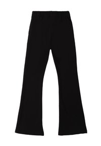 Zwarte uitlopende broek van rekbaar materiaal met een elastische tailleband. Glad textuur en lang ontwerp. Geen zichtbare patronen of hardware.