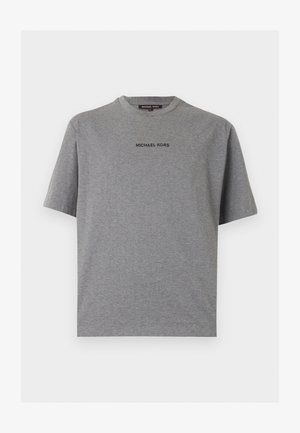 Maglietta grigia a maniche corte con collo a girocollo con la scritta "MICHAEL KORS" stampata in nero sul petto, mostrata su sfondo bianco.