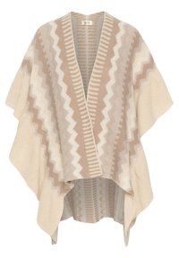 Beige og creme mønstret poncho med zigzag- og stribedesign. Åben front, brede ærmer, blød tekstur og letvægtsmateriale.
