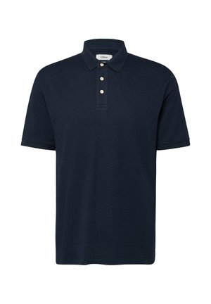 Navy blue short-sleeve polo shirt with three beige buttons and a folded collar, displayed on a white background.