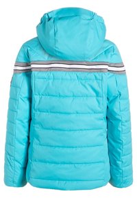 Doudoune turquoise avec capuche, ornée de rayures horizontales grises et blanches au dos. Texture matelassée, manches longues et fermeture éclair sur le devant.