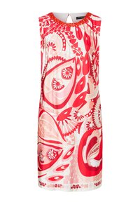 Robe sans manches en tissu léger, ornée d'un motif paisley rouge et rose, avec un col froncé et une ouverture en forme de clé au dos.