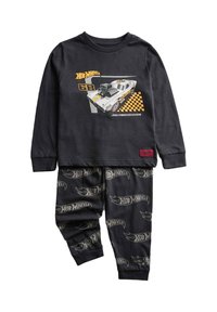 Zwart pyjama set met lange mouwen, voorzien van een auto graphic op de bovenkant en een herhalend "Hot Wheels" patroon op de broek. Gemaakt van zacht katoen.