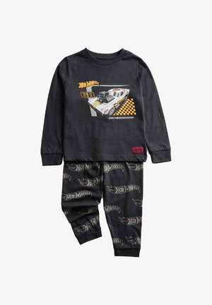 Ensemble de pyjama noir à manches longues avec un graphique de voiture sur le haut et un motif répétitif "Hot Wheels" sur le pantalon. Matière en coton doux.