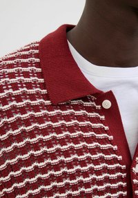 Polo en tricot rouge et blanc avec un motif texturé, doté d'un col uni et d'une fermeture à boutons. Superposé sur une chemise blanche.