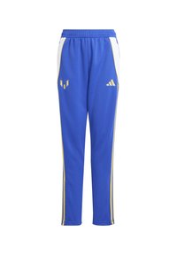 Blauwe sportbroek van polyester, met witte zijpanelen, gele accentstrepen, een elastische tailleband en logo-informatie.