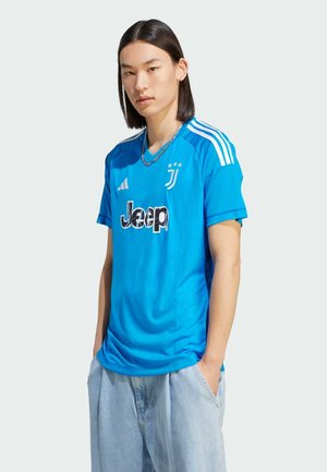 Blue sports jersey with short sleeves, white stripes on shoulders, black "Jeep" logo, and Juventus emblem with three stars on the chest.