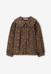 Leopard print button-up shirt in brown and gold hues, featuring a ruffled collar and elastic cuffs, made from lightweight fabric.