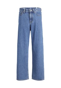 Jeans en denim bleu à jambes larges avec une taille haute, présentant une fermeture à bouton, des passants de ceinture et des coutures doubles pour plus de durabilité.