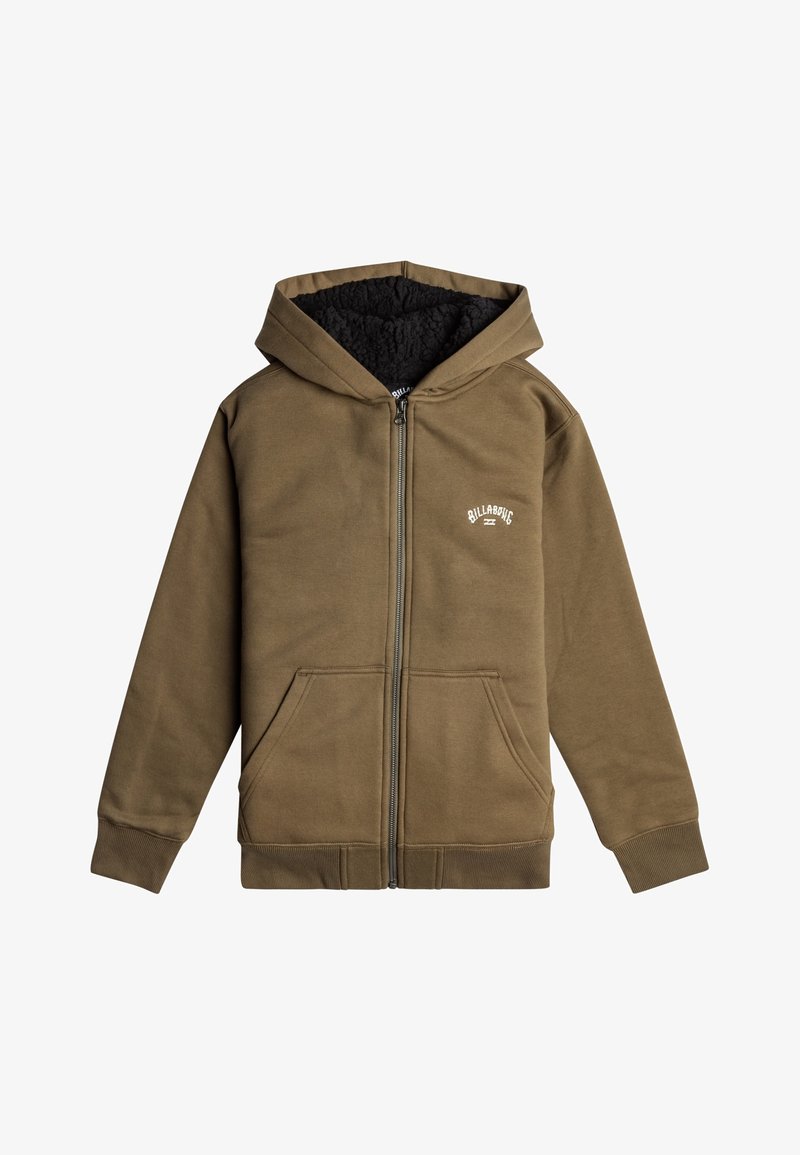 Sweat à capuche zippé vert olive avec un intérieur en polaire noire, poches avant, poignets côtelés et un petit logo sur la poitrine.