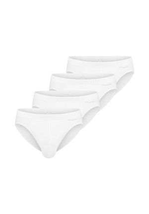 Vier weiße Baumwoll-Herrenunterhosen im Slip-Stil, diagonal auf weißem Hintergrund ohne Muster oder Logos angeordnet.