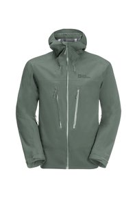 Giacca verde impermeabile con cappuccio, dotata di due tasche frontali con zip e polsini regolabili. Realizzata in materiale resistente con texture liscia.