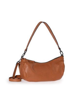 Braune Leder-Umhängetasche mit strukturiertem Finish, geschwungener Form, einem abnehmbaren Riemen und einem Reißverschluss entlang der oberen Kante.