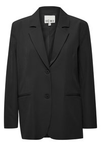 Czarna dopasowana marynarka z klapami, dwoma przednimi guzikami i szczelinowymi kieszeniami, oznaczona jako ICHI, rozmiar 38.