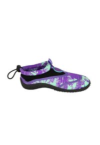 Waterschoenen met een paarse en mintgroene palmbladprint, bovenwerk van gaas, rubberen zool en trekhaak voor gemakkelijk aantrekken. Flexibel en lichtgewicht ontwerp.