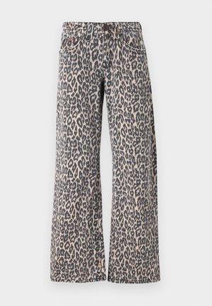 Lāču raksta džinsi ar platām kājām, aprīkoti ar pogu aizdari un jostu cilpiņām. Audumam ir gluda tekstūra.