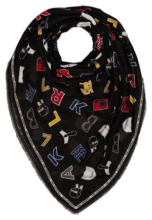 Bufanda negra con letras coloridas, cámaras, gafas de sol, señales de mano de paz y patrones de caras de gato, bordeada con el texto "KARL LAGERFELD".