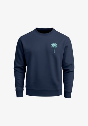 Navy sweatshirt made of cotton blend, featuring a light turquoise palm tree graphic on the left chest. Classic crew neck and ribbed cuffs.