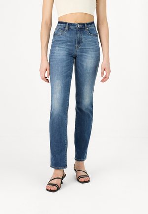 High-waisted blue jeans in a medium wash with a straight leg, featuring whiskering detail, subtle fading, and five-pocket design.