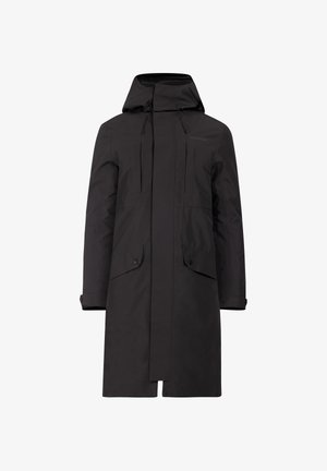 Schwarzer wasserdichter Parka mit Kapuze, gerade geschnitten, mit zwei Fronttaschen und verstellbaren Kordeln am Halsausschnitt und Saum.