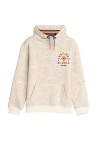 Lichtbeige hoodie met een bladerenpatroon, trekkoordkap, voorzak en geborduurd detail "Santiago de Chile" in zwart en oranje. Zacht materiaal.