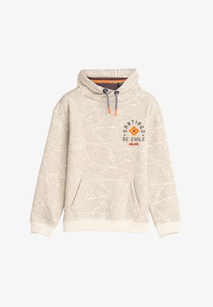 Lichtbeige hoodie met een bladerenpatroon, trekkoordkap, voorzak en geborduurd detail "Santiago de Chile" in zwart en oranje. Zacht materiaal.