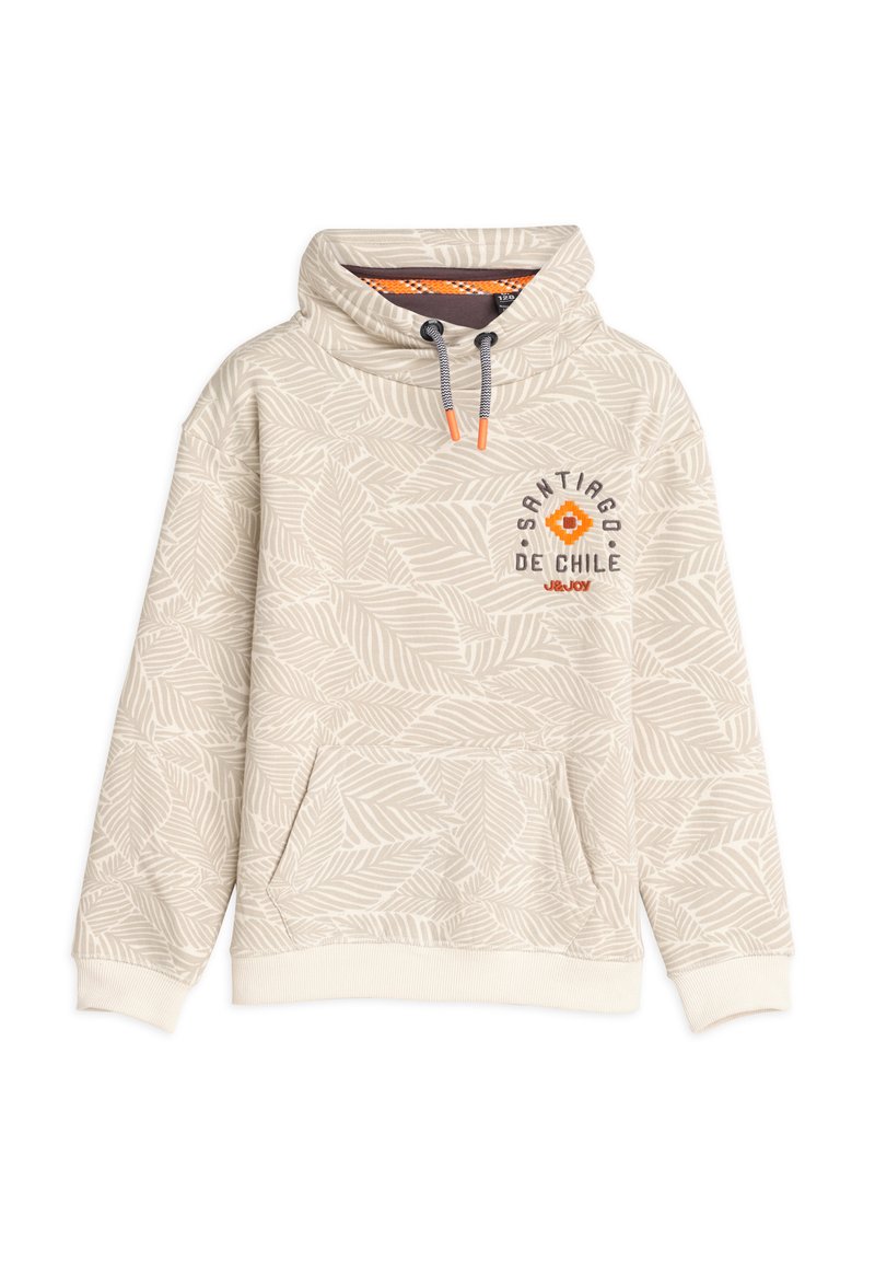 Lichtbeige hoodie met een bladerenpatroon, trekkoordkap, voorzak en geborduurd detail "Santiago de Chile" in zwart en oranje. Zacht materiaal.