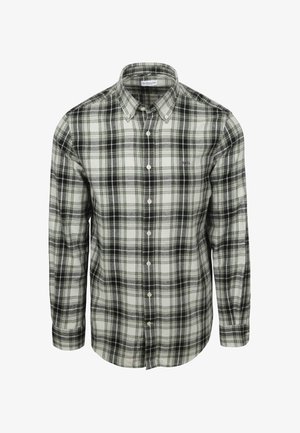 Green and white plaid shirt with a button-down collar, long sleeves, and a small logo on the left chest. Made of soft fabric.