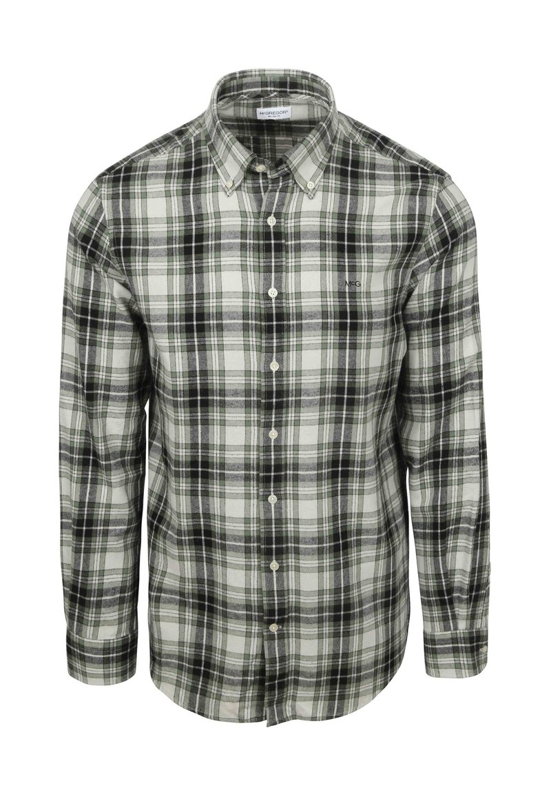 Groene en witte geruite shirt met een button-down kraag, lange mouwen en een klein logo op de linkerborst. Gemaakt van zachte stof.