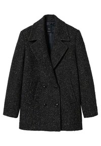 Manteau croisé noir en mélange de laine texturée avec larges revers et poches avant, conçu pour porter par temps froid.