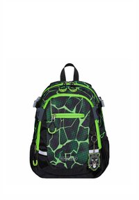 Zwarte rugzak met groen geometrisch patroon, voorzien van een voorvak met ritssluiting, dubbele ritssluitingen en een sleutelhanger in de vorm van een leeuwenkop. Duurzame stof.