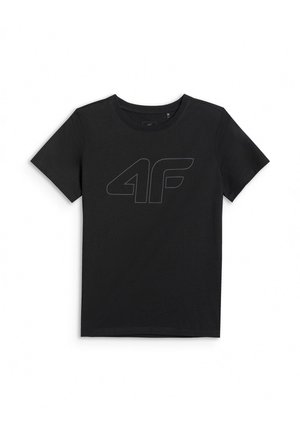 Czarny krótki rękaw t-shirt z okrągłym dekoltem i subtelnym logo 4F nadrukowanym w nieco ciemniejszym odcieniu na piersi.