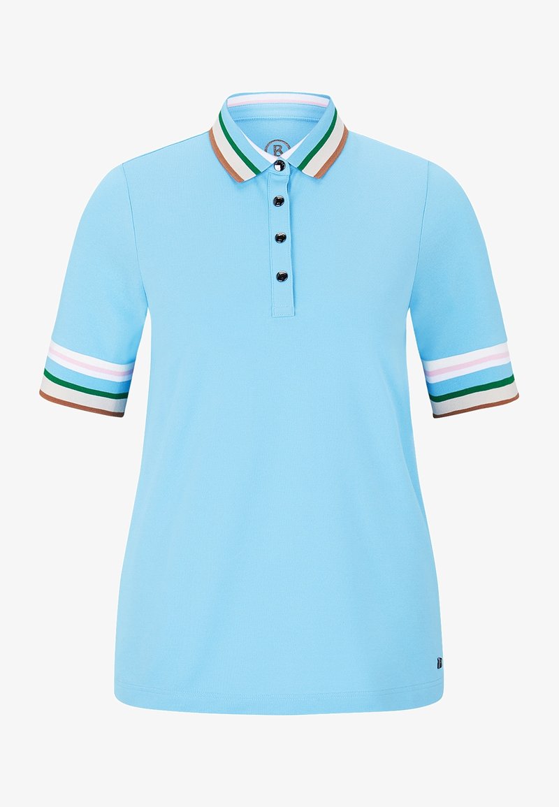 Polo bleu clair à manches courtes avec col et poignets rayés multicolores, doté d'une patte de boutonnage à quatre boutons à l'avant.