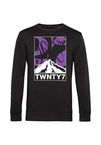 Felpa nera a maniche lunghe con stampa grafica raffigurante un design di montagna e testo stilizzato "TWNTY7" in bianco e viola. Materiale in cotone morbido.