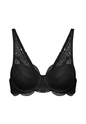 Czarny biustonosz z fiszbinami z koronką o postrzępionych krawędziach i regulowanymi ramiączkami, z miseczkami i paskiem ozdobionymi misternym kwiatowym wzorem koronki.