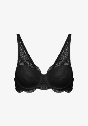 Czarny biustonosz z fiszbinami z koronką o postrzępionych krawędziach i regulowanymi ramiączkami, z miseczkami i paskiem ozdobionymi misternym kwiatowym wzorem koronki.