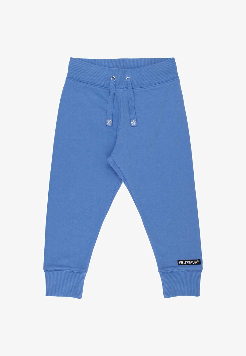 Blue sweatpants made of soft material, featuring a ribbed waistband, drawstring, and cuffs. Small black tag with "VILLERVALLA" on the side.