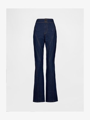 Dark blue denim flared jeans with a high waist, featuring angled seam details, gold stitching, and a button closure at the waist.