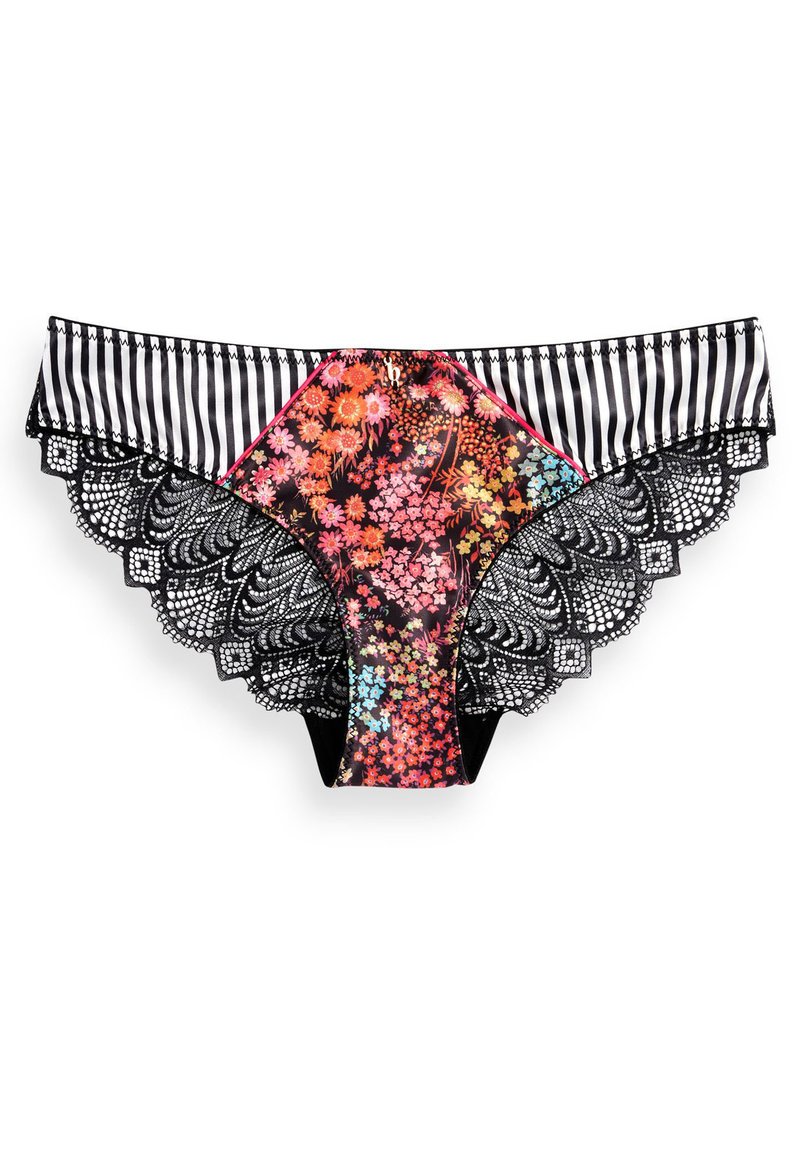Sous-vêtements féminins de style bikini avec des rayures noires et blanches, un panneau central floral multicolore, et une bordure en dentelle noire sur les côtés.