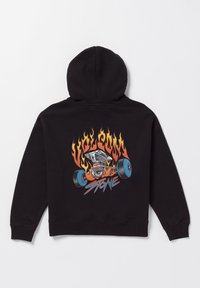Sweat à capuche noir avec un motif graphique au dos représentant une voiture en flammes et des roues, avec des accents bleus et un texte stylisé. Matière en coton.