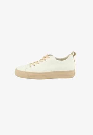 White low-top sneaker with beige rubber sole and matching beige laces, shown in side profile against white background.