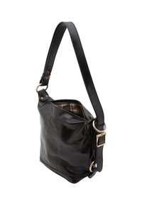 Borsa a spalla in pelle nera con una texture liscia, forma rettangolare e apertura con zipper. Presenta un interno a quadri e dettagli in ottone.