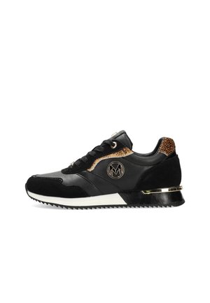 Black sneaker featuring a mix of leather and suede, leopard print accents, golden logo, and a textured, contrasting sole.