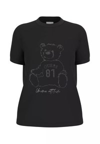 Czarny t-shirt z grafiką niedźwiedzia wykonaną z kryształków oraz napisem "GUESS 81" i frazą "Unique attitude" w ozdobnej czcionce.