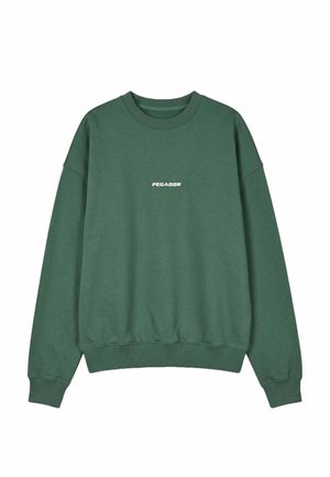 Joven mujer con una sudadera verde con el texto "PEGADOR" y pantalones anchos grises, de pie con una mano en el bolsillo y fondo neutro.